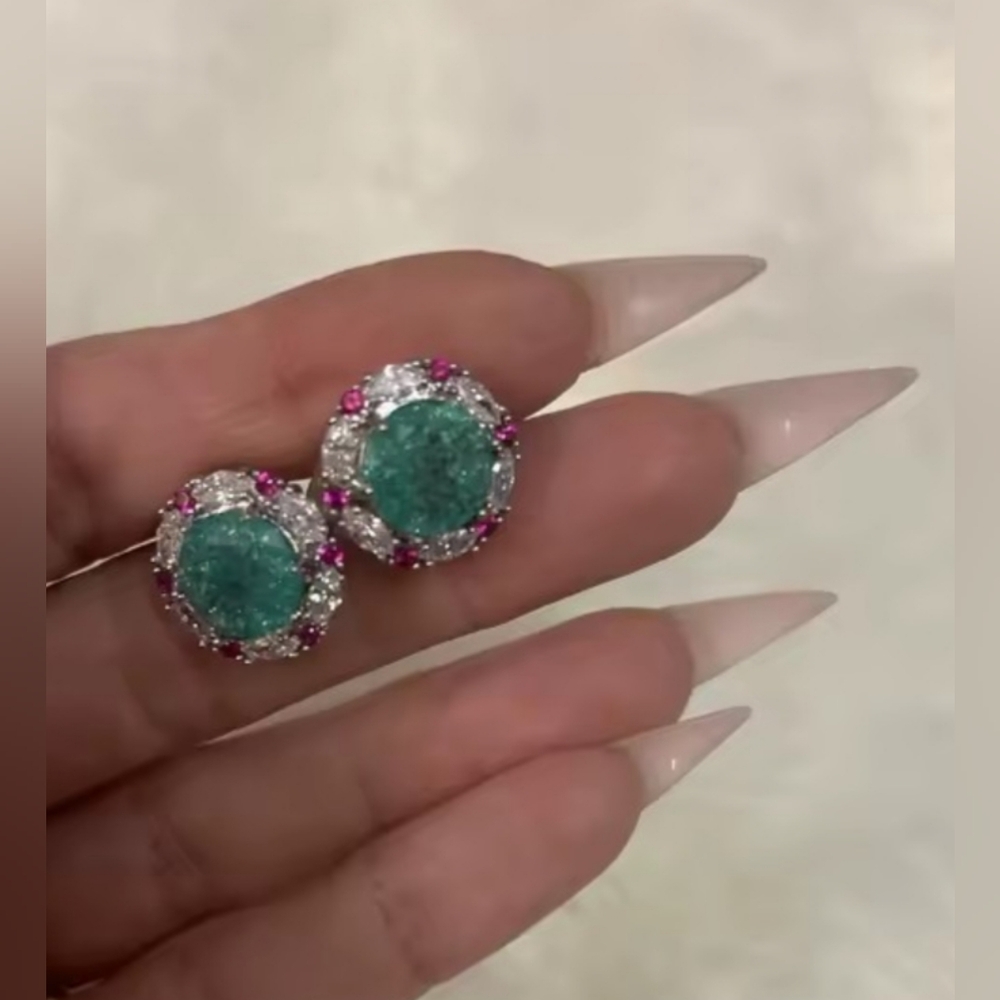 White Rhodium Paraiba Ruby Earrings - Picture 3 of 4
